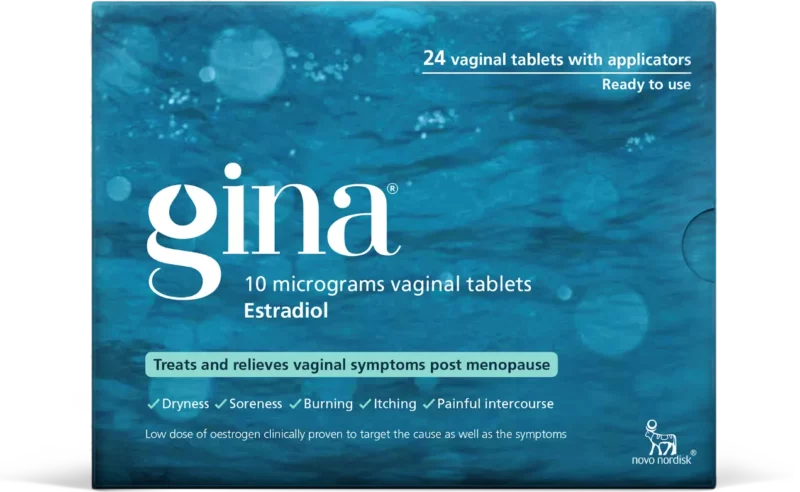 Gina 10mcg Vaginal Tablets packaging | post menopause vaginal tablets | Online pharmacy