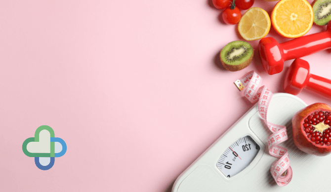 food and scales on pink background - buy Mounjaro online in the UK