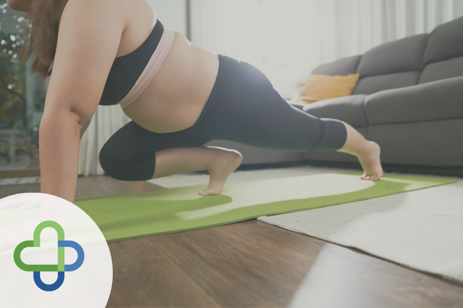 woman practicing yoga in lounge