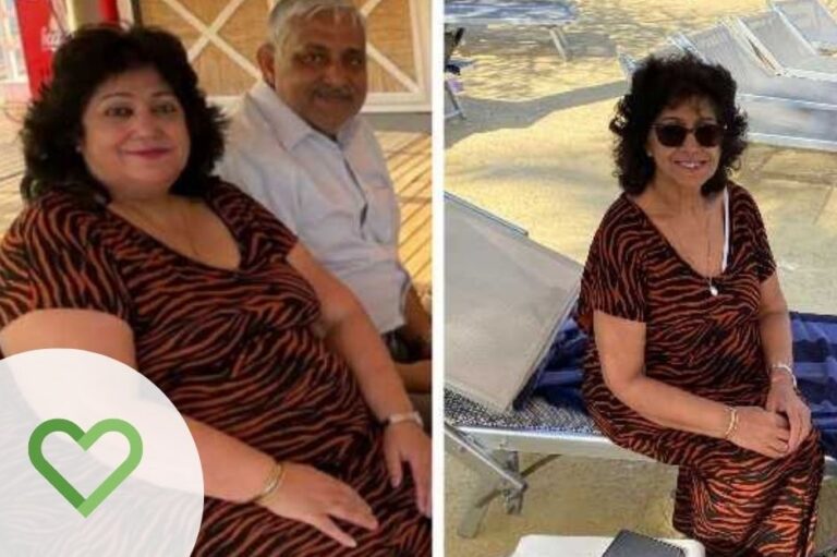 Woman in black and orange dress before and after weight loss treatment