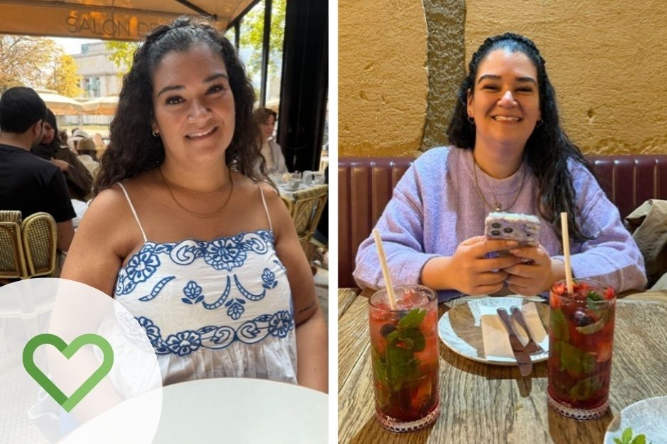 Woman before and after weight loss treatment side by side in blue and white vest top and purple top