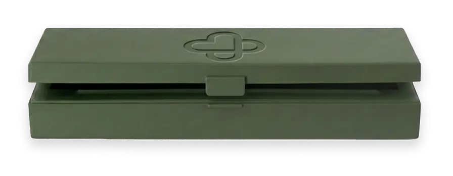 a green, rectangular box that is designed to hold a GLP-1 injection with the lid slightly open